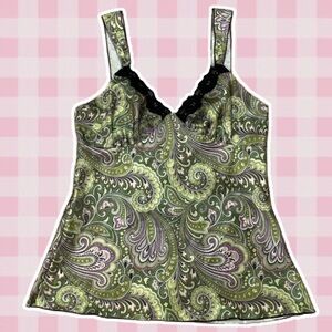 A Byer Y2K Green Paisley Boho Whimsigoth Lace Fairycore Camisole Size Large
